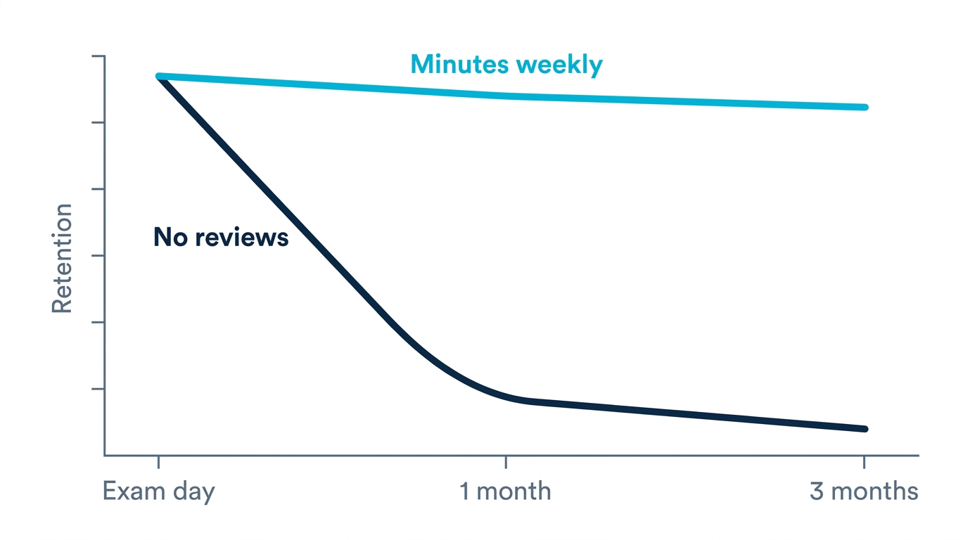 Curve peaking at exam day then collapsing when reviews stop, compared with a light maintenance schedule that keeps retention high