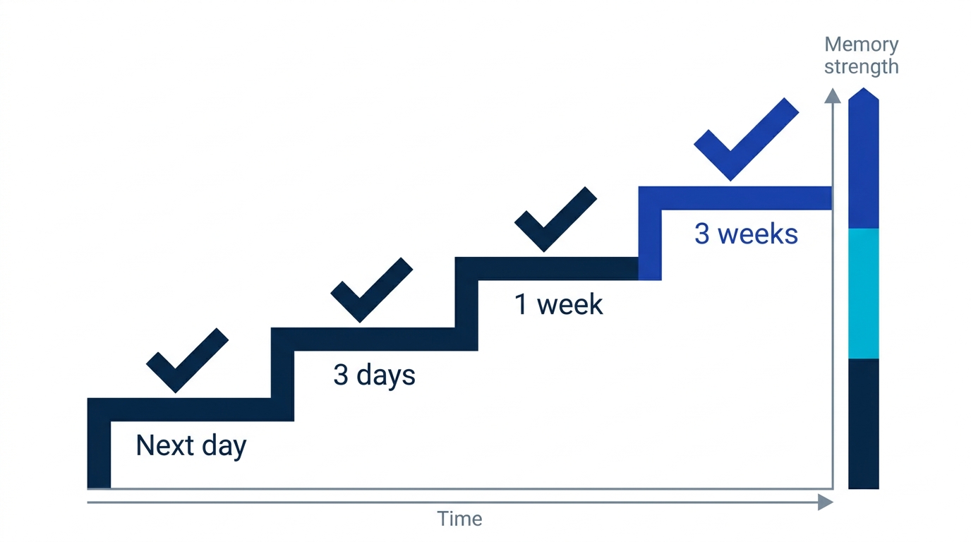 Expanding-interval timeline: each successful recall at next day, three days, one week, three weeks makes the memory stronger and the next gap longer