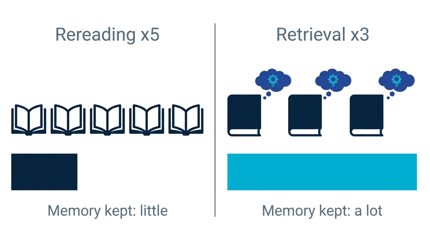 Five rereads versus three successful recalls: fewer repetitions win when they are retrievals, shown as a comparison diagram