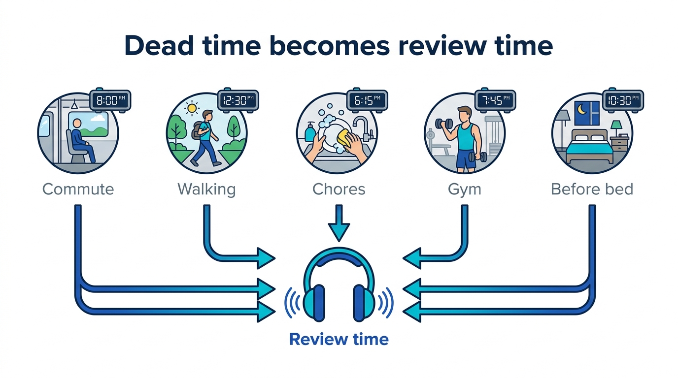 Diagram showing dead time during commuting, walking, chores, exercise, and pre-sleep converting into review time with headphones