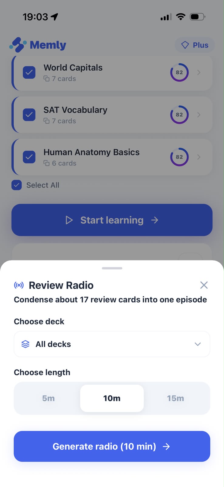 Review Radio generate modal: select a deck and a length of 5, 10, or 15 minutes to create an episode in one tap