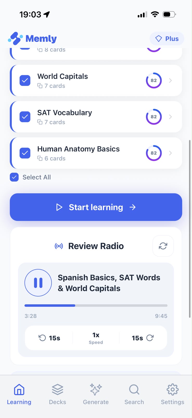 Review Radio player showing a cross-deck review episode with back 15s, playback speed, forward 15s, and chapter controls