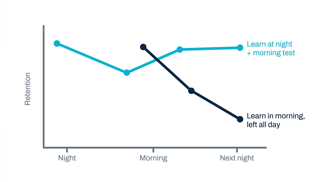 Conceptual chart comparing the memorize-at-night-recall-in-morning pair with memorizing in the morning and leaving it all day