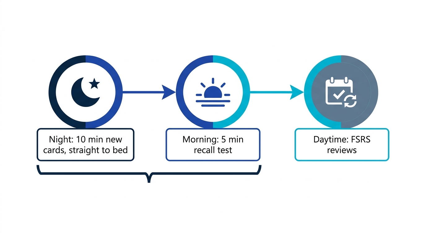 Daily golden routine diagram: new cards before sleep, recall test after waking, FSRS reviews in daytime gaps