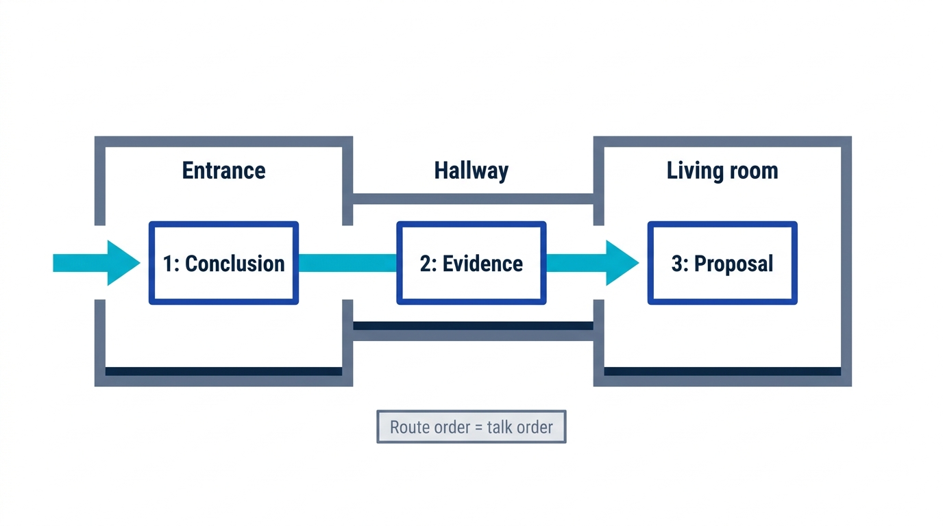 Speech keywords placed one per room along a familiar route, with the route order preserving the talk order in a memory palace