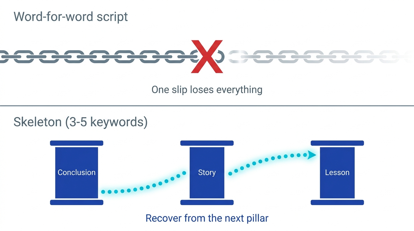 Contrast diagram: a word-for-word script is a single chain that collapses at one broken link, while a keyword skeleton lets you recover from the next pillar