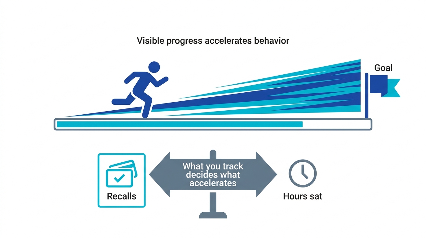 Diagram showing visible progress accelerating behavior toward a goal, while the tracked metric decides which behavior accelerates