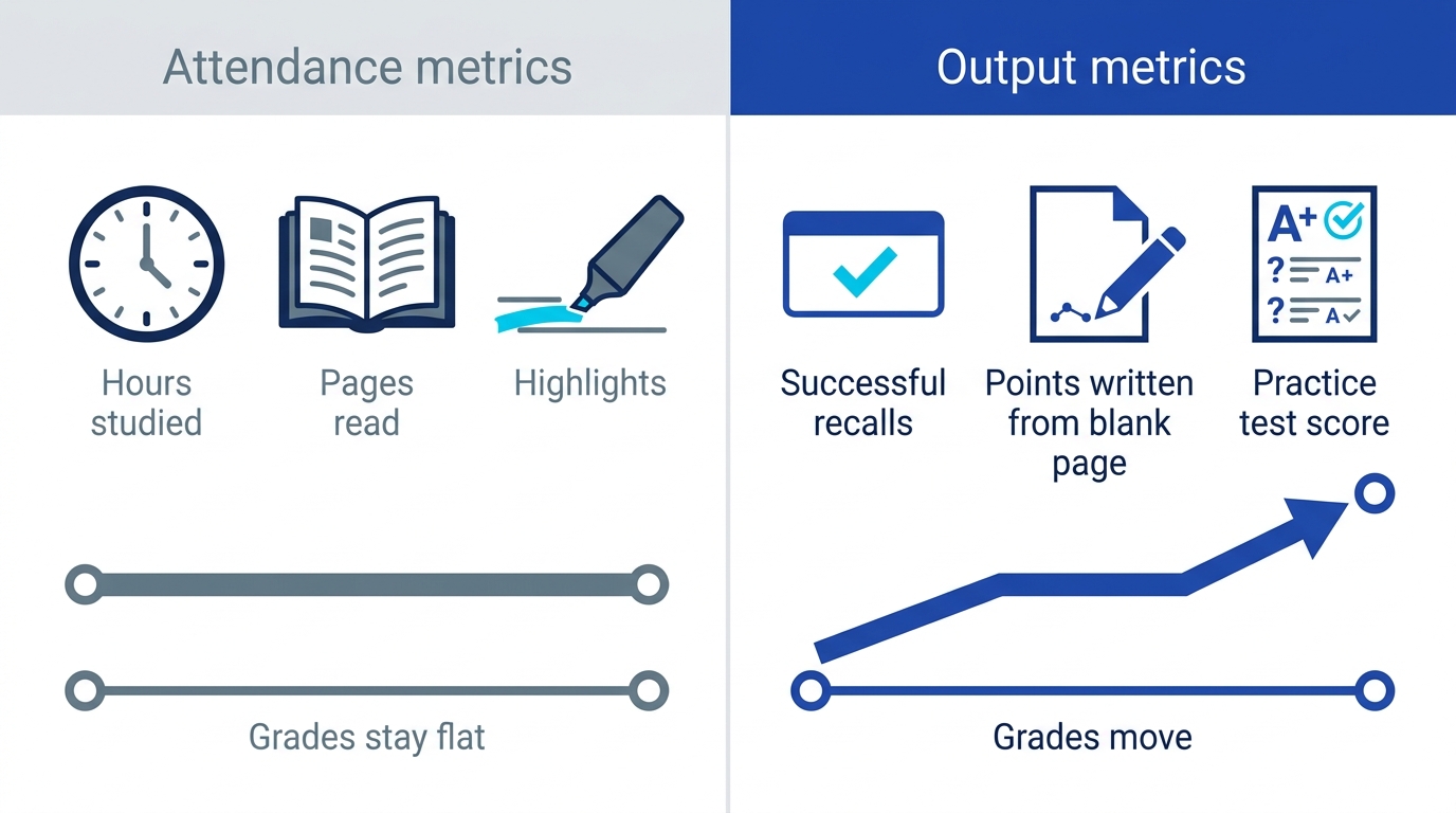 Comparison of attendance metrics like hours and pages versus output metrics like successful recalls and test scores