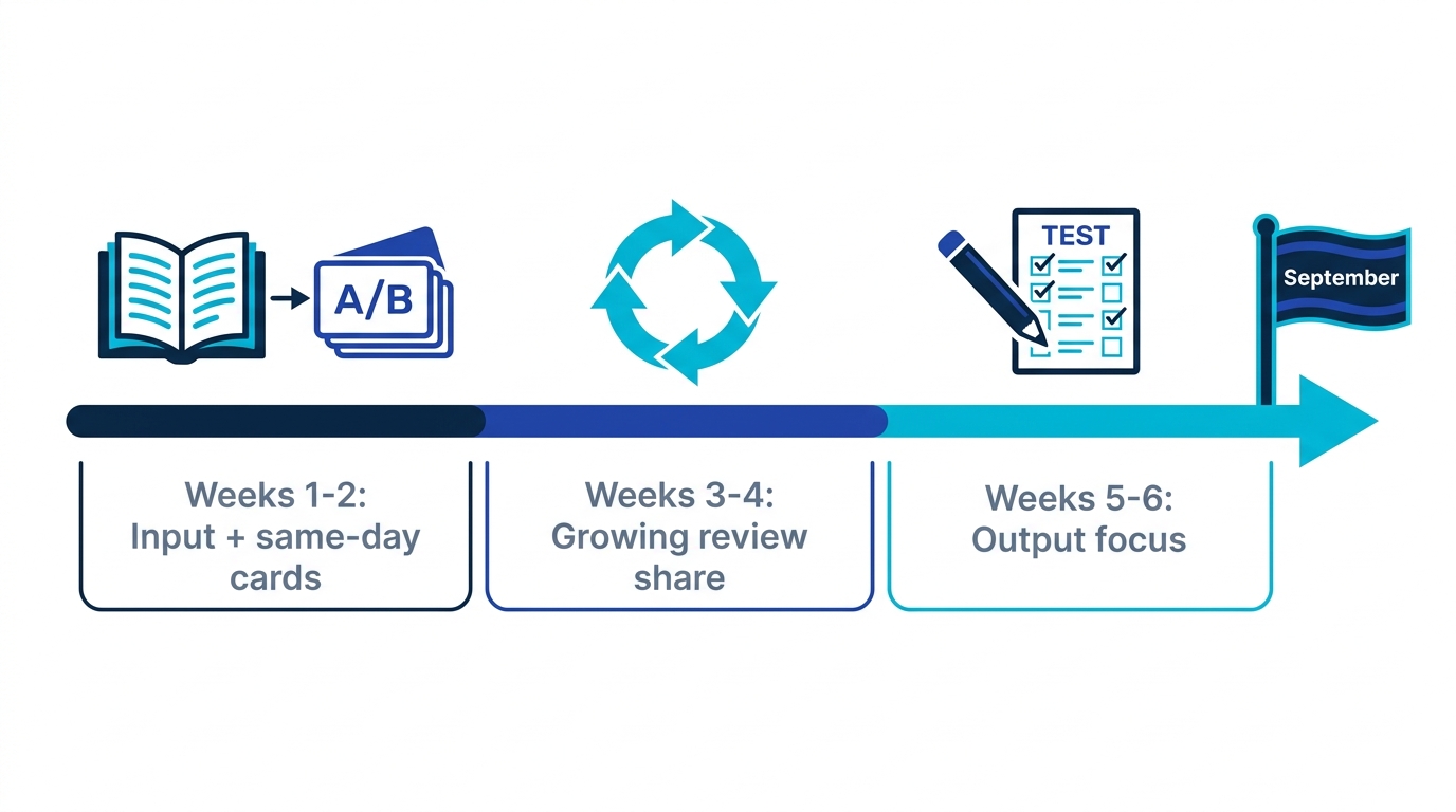 Timeline of the 40-day summer memory plan: input and card creation first, growing review in the middle, output-centered final weeks