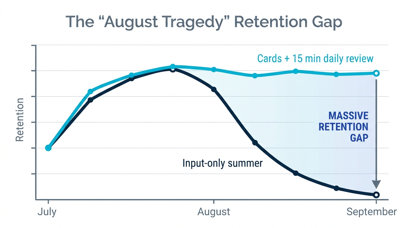 The August tragedy chart: an input-only summer decays sharply by September while a summer with same-day cards and daily review stays high