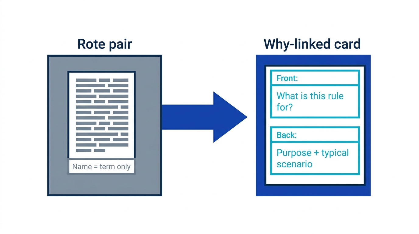 Example of converting an education regulation into a flashcard that asks for its purpose and the scenario where it applies instead of rote wording