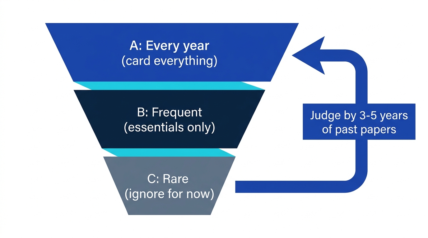 Triage of teacher certification exam domains into A, B, and C priorities by past-paper frequency, with cards made from A first