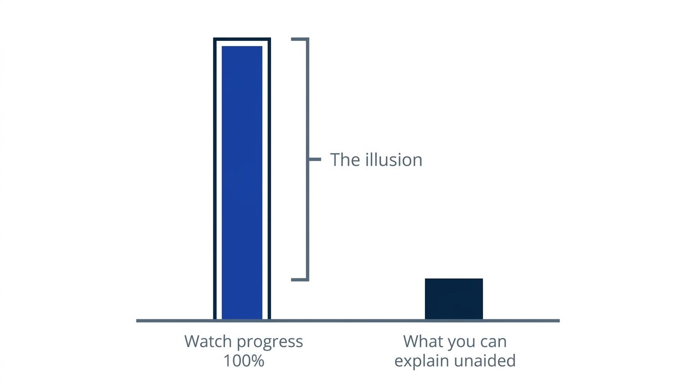 Chart contrasting a 100% watch-progress bar with the small amount a learner can actually explain unaided, the gap labeled as the illusion