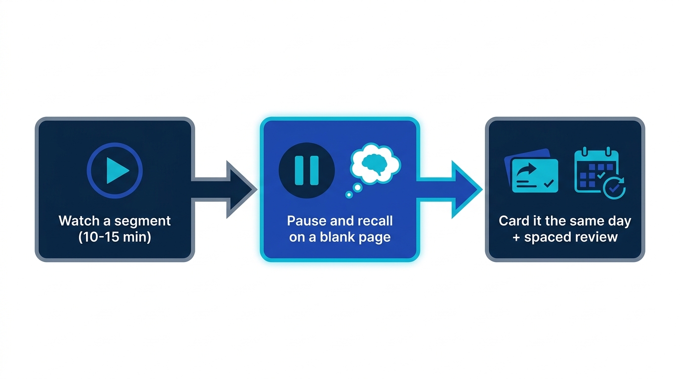 Three-step video learning pipeline: watch a segment, pause and recall onto a blank page, then card the takeaways the same day for spaced review