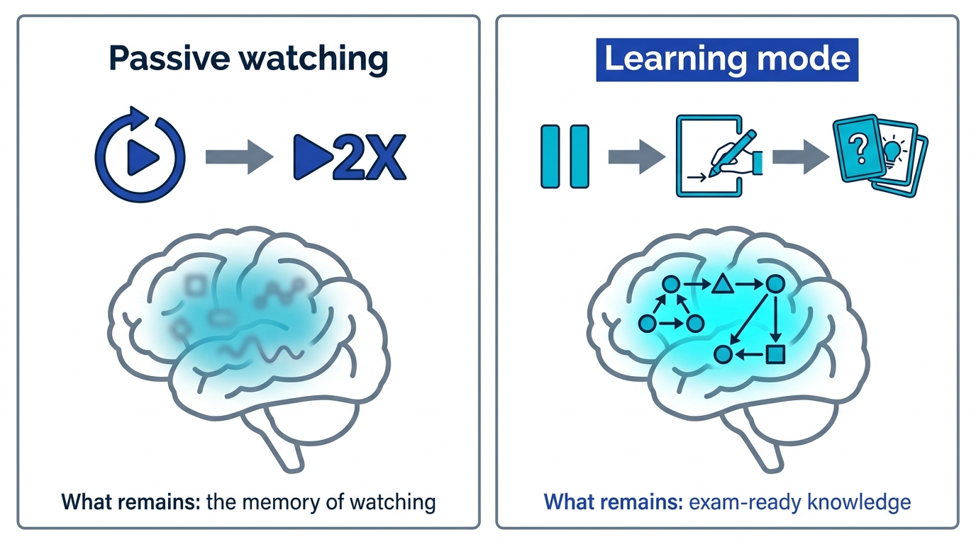 Two-panel comparison of passive watching versus learning mode and what remains of each one week later
