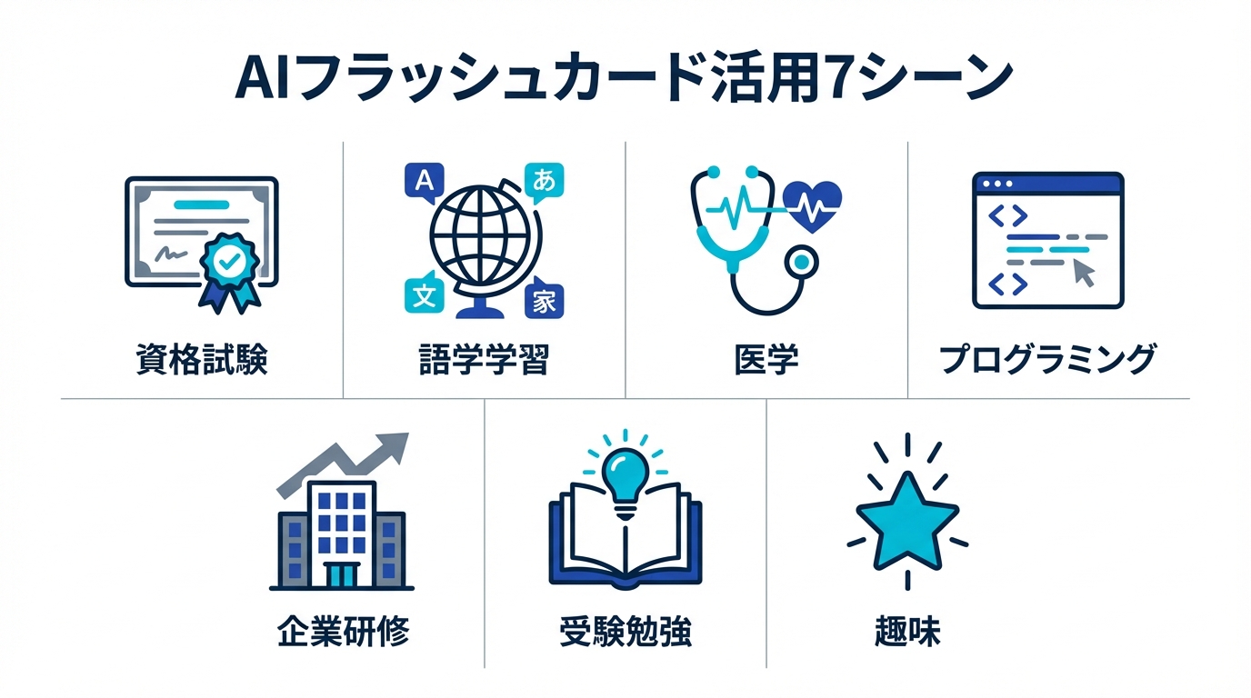 AIフラッシュカード活用7シーン - 資格試験、語学、医学、プログラミング、企業研修、受験、趣味