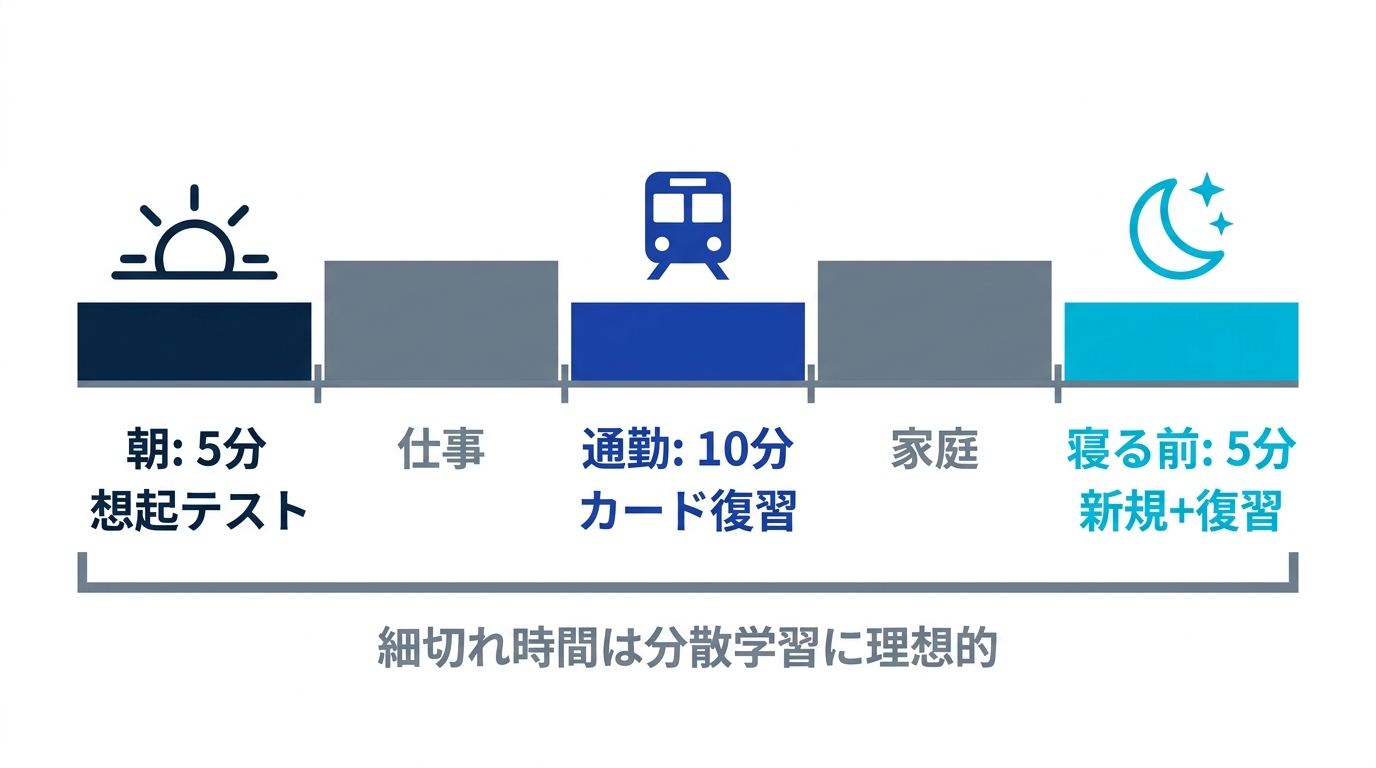 社会人の1日の分散復習ルーティン。朝5分、通勤10分、寝る前5分で間隔反復を回す