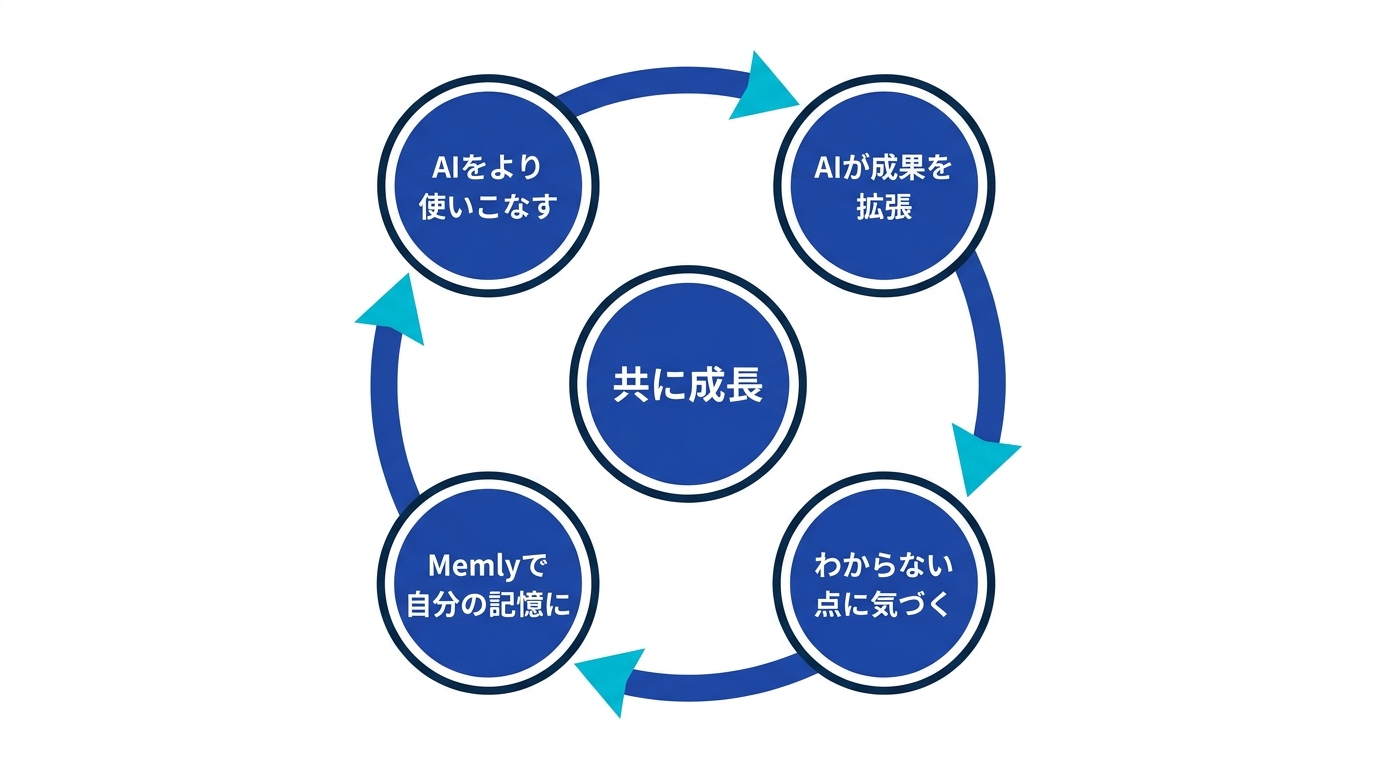 AIと人間が共に成長する循環図 - AIが成果を拡張、わからない点に気づく、Memlyで自分の記憶に、AIをより使いこなす