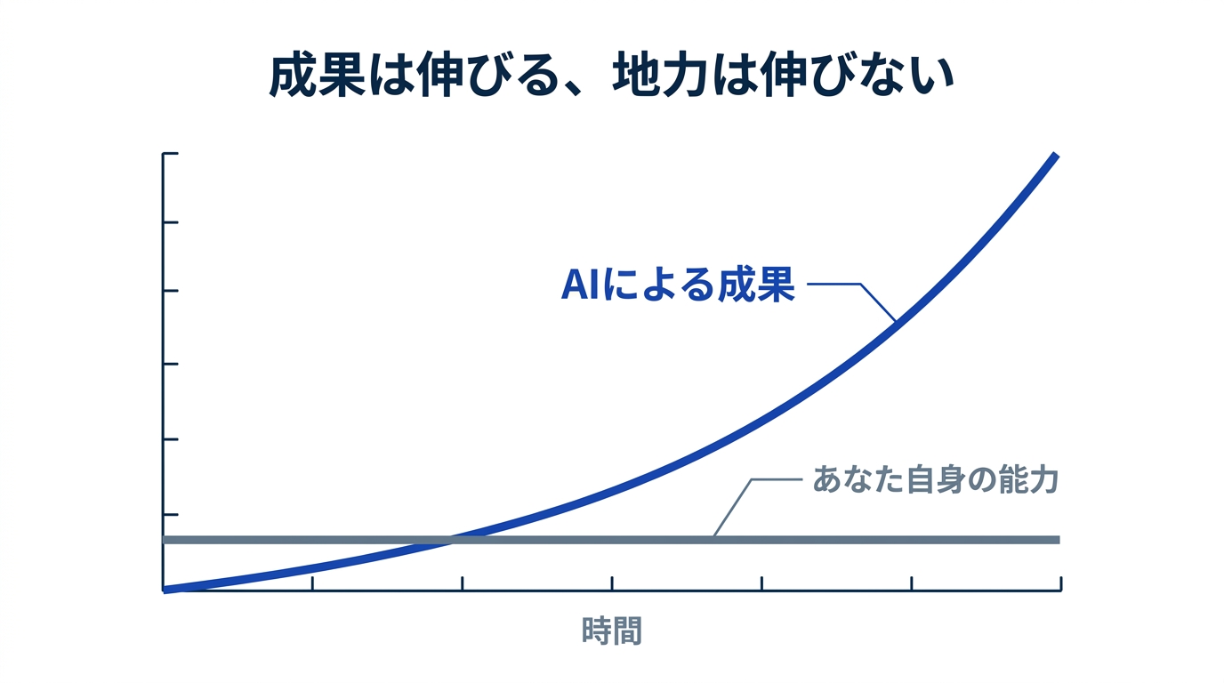 AIによる成果は急上昇する一方、あなた自身の能力は横ばいのままであることを示す折れ線グラフ