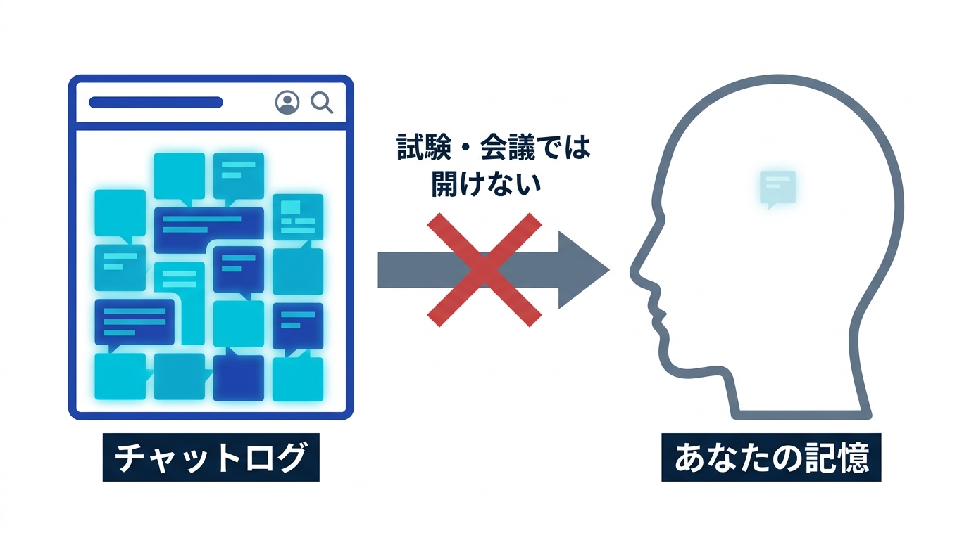 AIとの会話の知識がチャットログ側に蓄積され、自分の頭には残っていないことを示す対比図