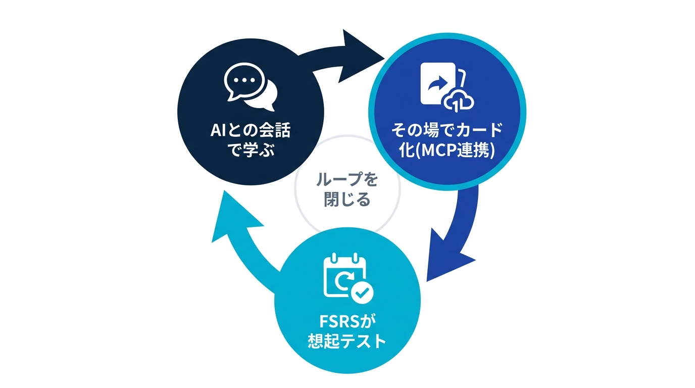 AIとの会話で学ぶ、その場でカード化する、FSRSが想起テストを自動化する、というループを閉じる3ステップの図