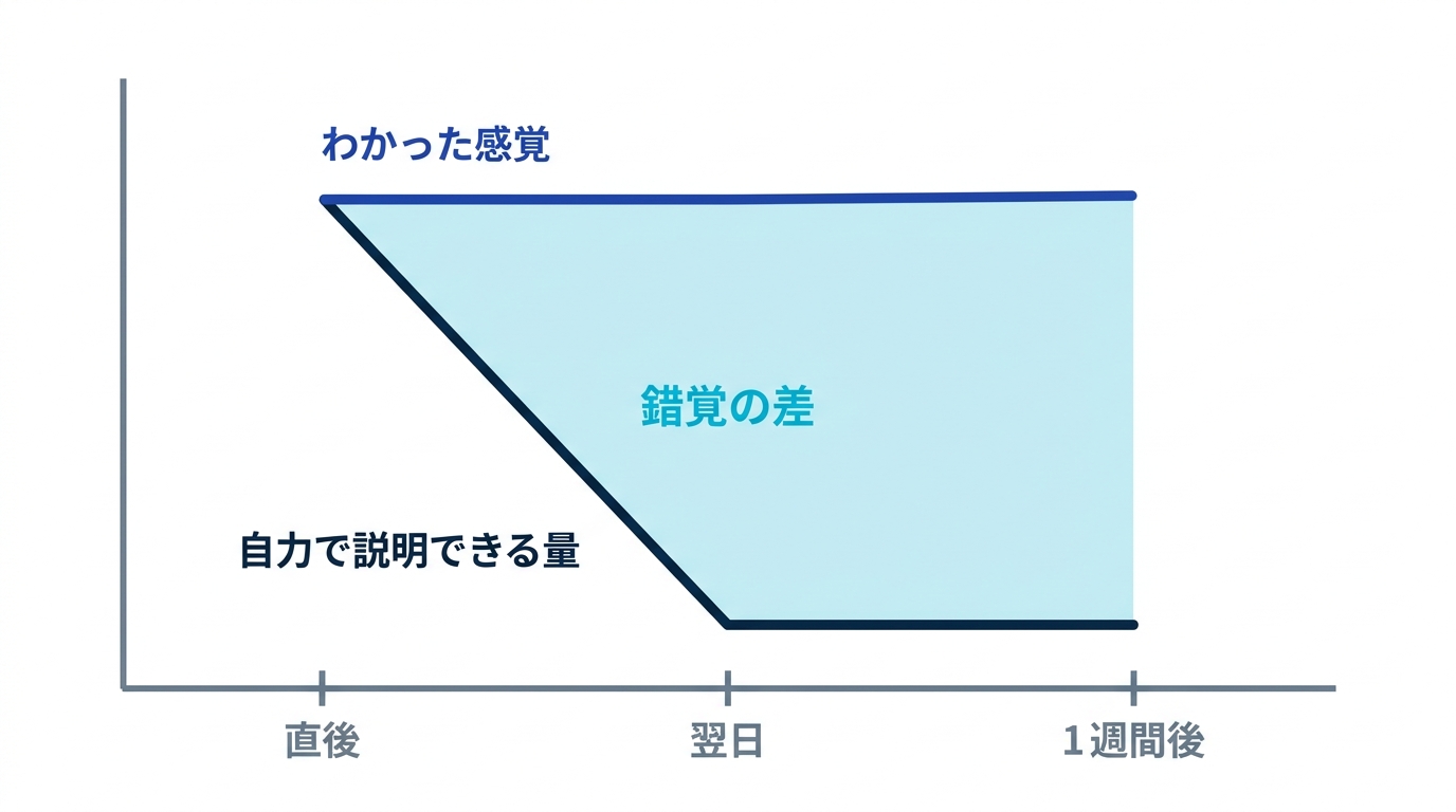AIの説明直後の理解の感覚と、1週間後に自力で説明できる量の落差を示す概念図