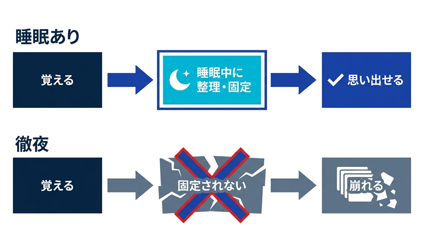 記憶が定着する工程の図。覚える、睡眠中に整理・固定、思い出せる、の流れで、徹夜は固定の工程が抜け落ちる