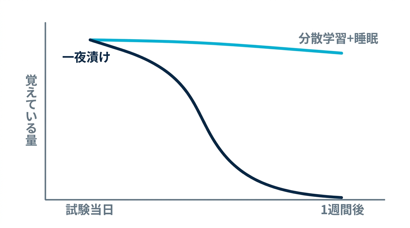 一夜漬けと分散学習+睡眠の比較チャート。試験当日から1週間後にかけて一夜漬けの記憶は急落し、分散+睡眠は維持される