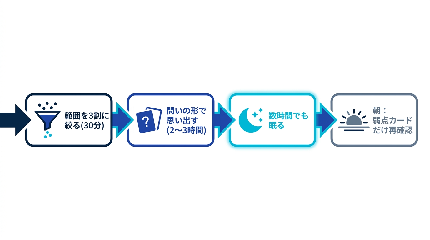 直前夜の被害最小化タイムライン。範囲を絞る、問いの形で思い出す、数時間眠る、朝に弱点だけ再確認