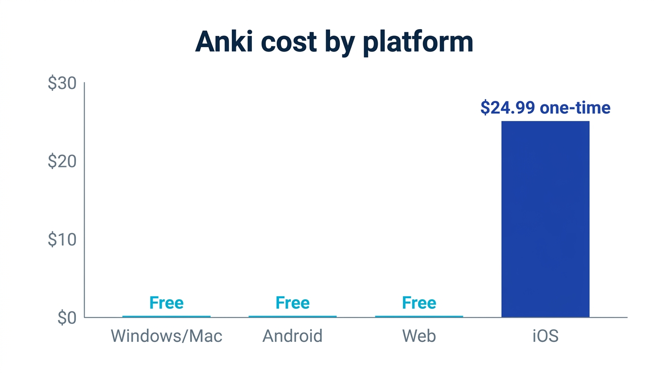 Bar chart of Anki cost by platform: free on desktop, Android, and web, and about $24.99 one-time on iOS