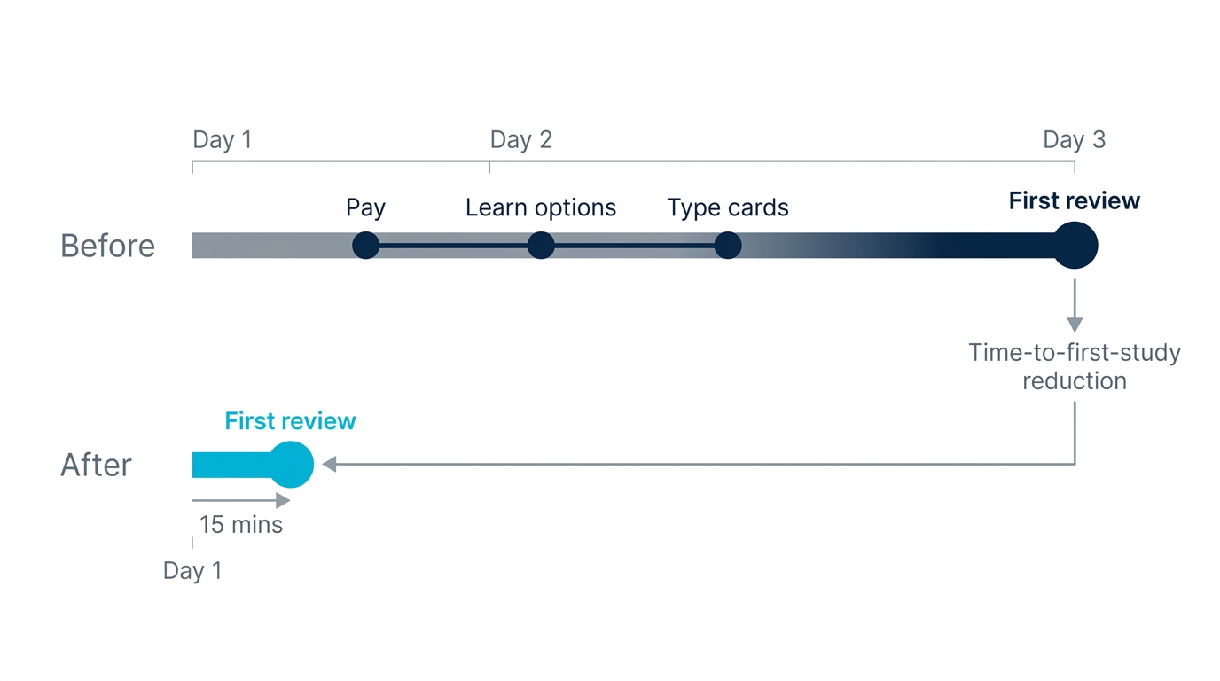 Before and after comparison showing manual Anki setup time versus minutes with an AI-native flashcard workflow