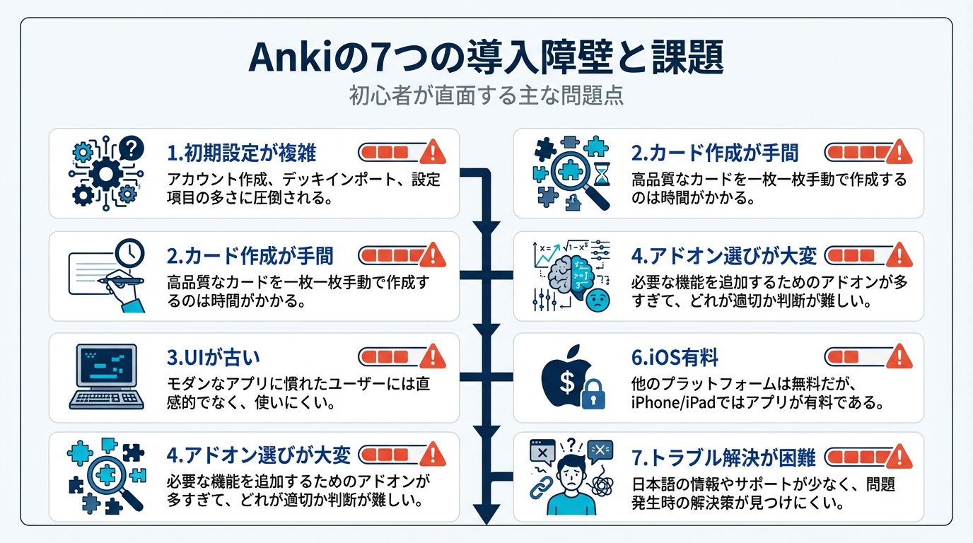 Ankiが難しいと感じる7つの理由 - 初期設定、カード作成、UI、アドオン、アルゴリズム、iOS有料、トラブル解決