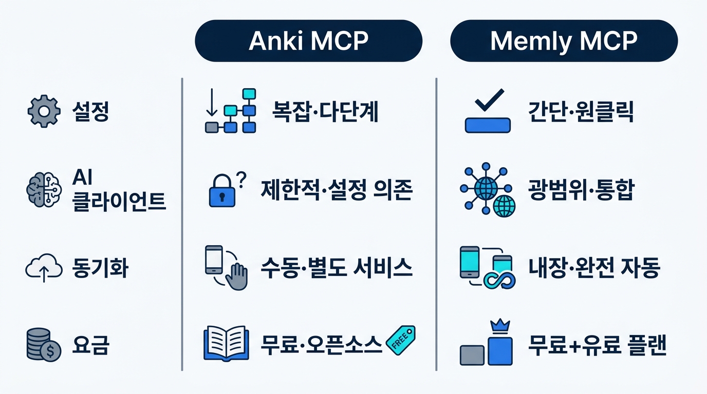Anki MCP와 Memly MCP 비교: 설정 수고, 지원 AI, 동기화, 요금을 대비한 차트