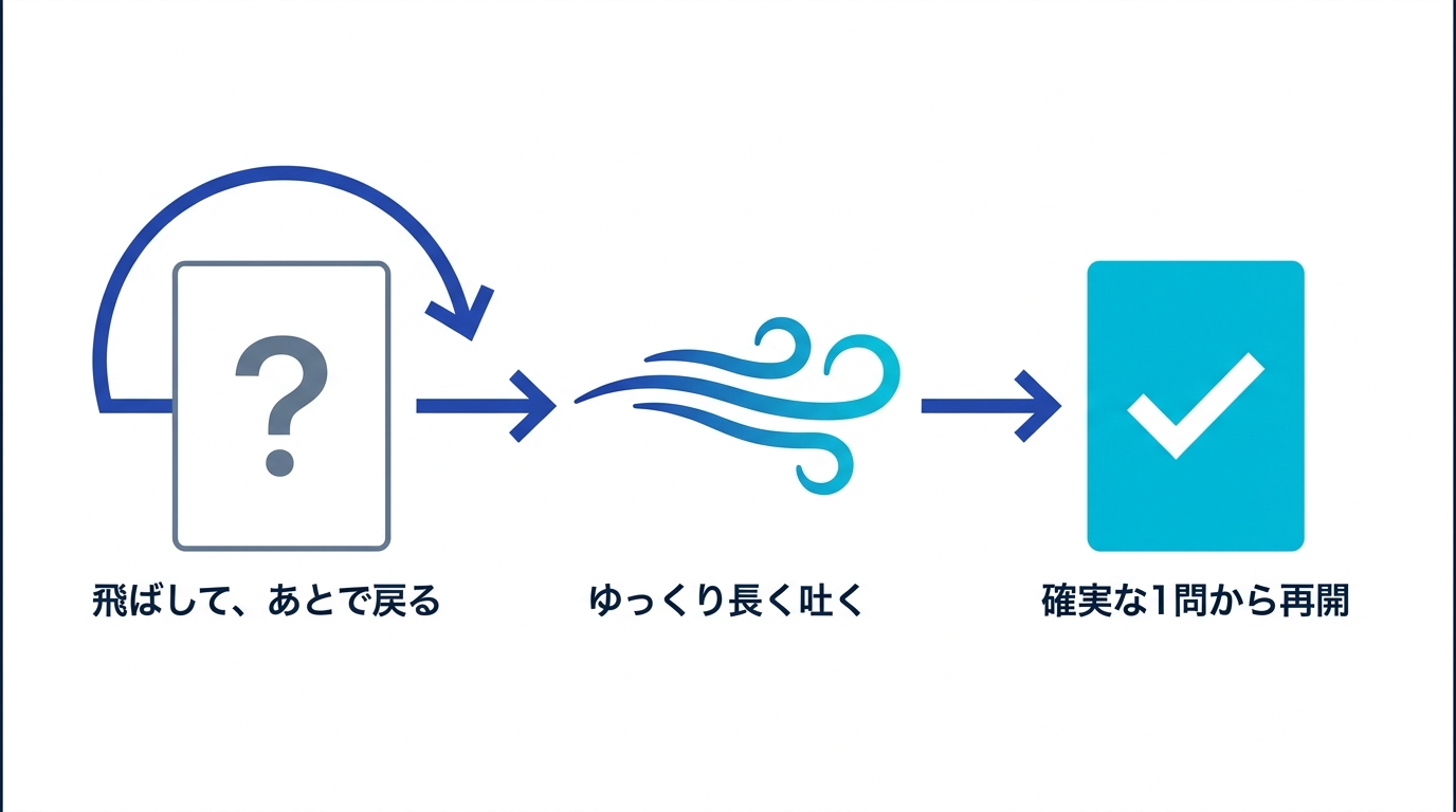 本番で頭が真っ白になったときの3手順。飛ばして戻る、ゆっくり吐く、簡単な1問から再開する流れ図