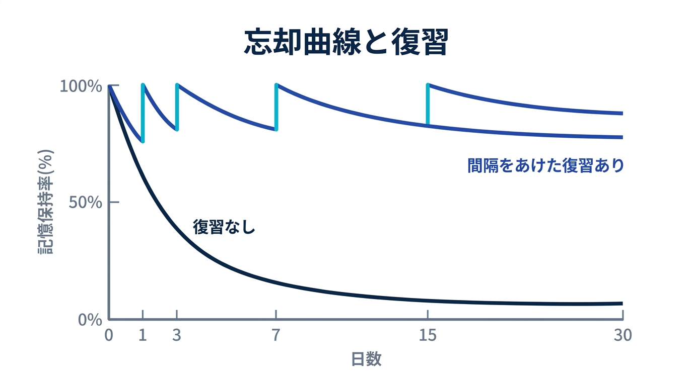 忘却曲線と復習の図解 - 復習なしは急降下、間隔をあけた復習ありは記憶保持率が高く維持される