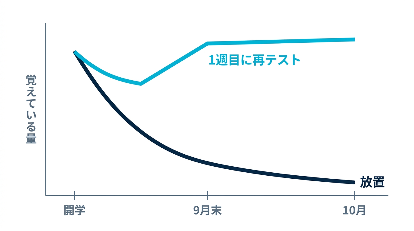 夏に覚えた知識の9月以降の推移。放置すると急速に消えるが、開学直後に再テストすると維持される