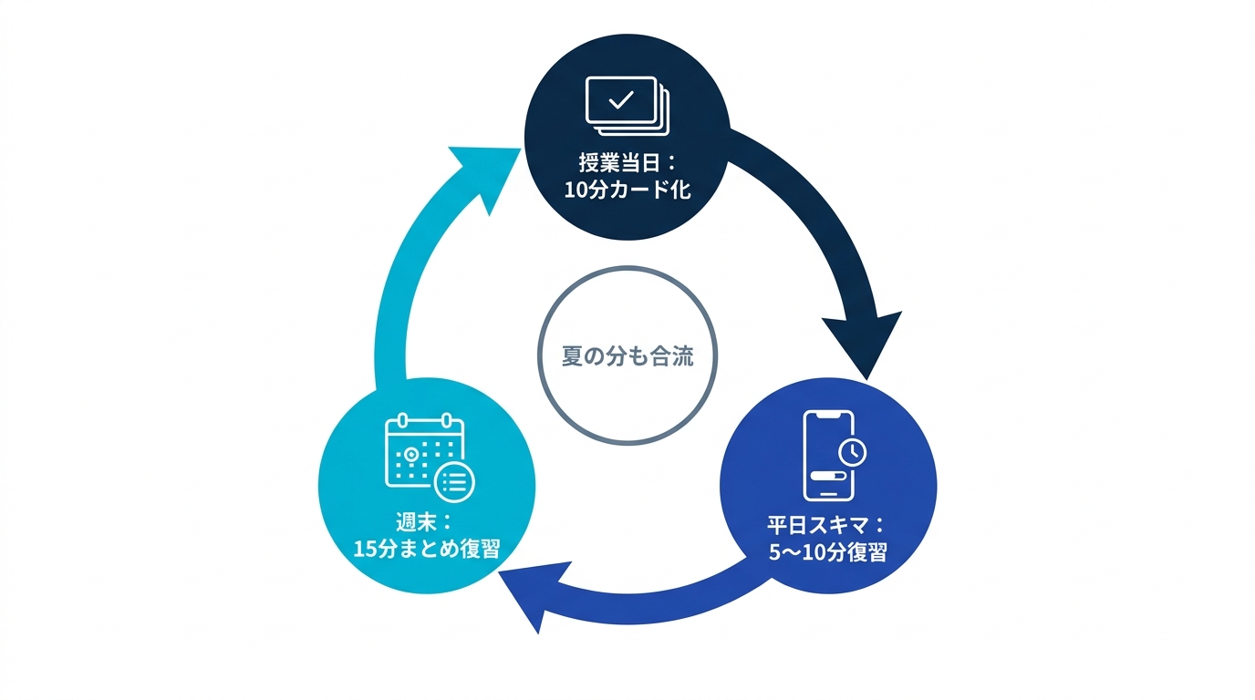 2学期の週間ループ。授業当日のカード化、平日のスキマ復習、週末のまとめ復習が回り、夏の知識も同じ流れで維持される