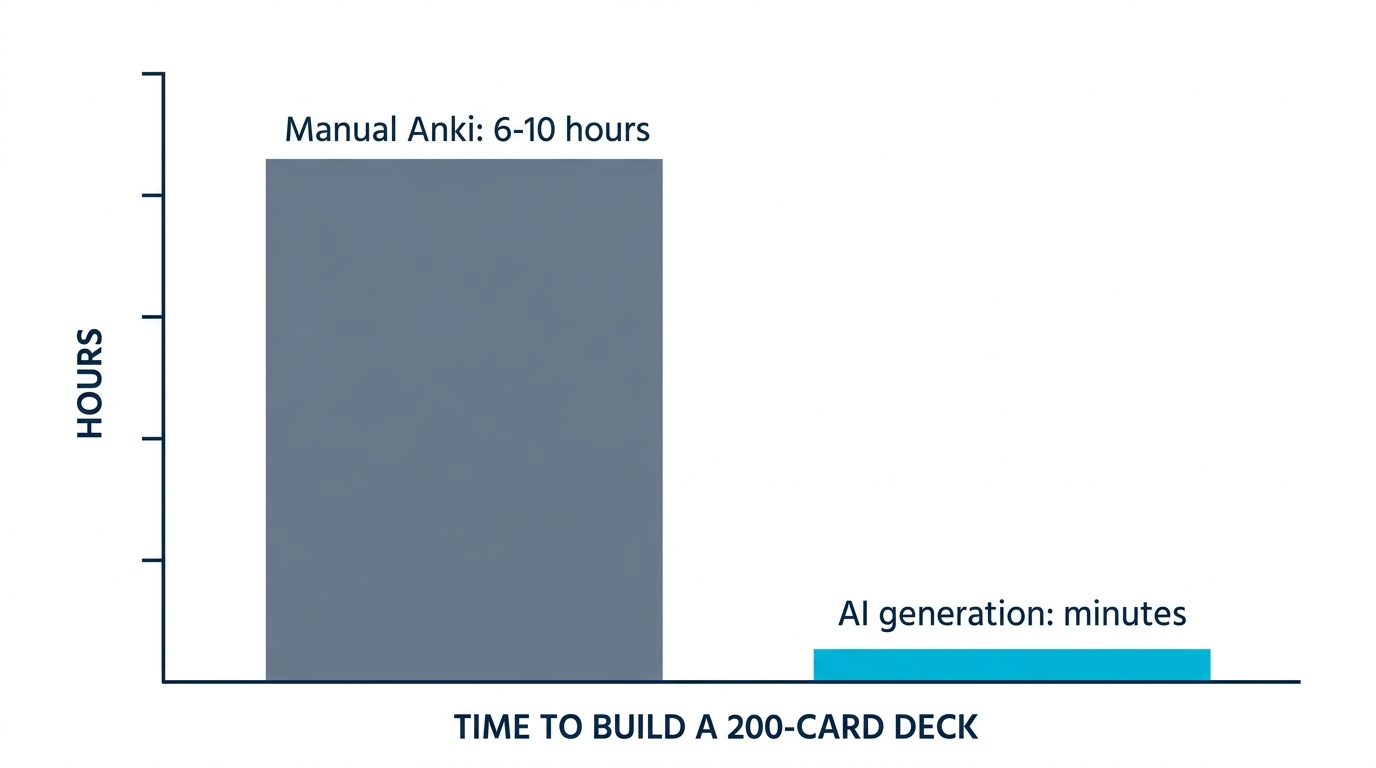 Bar chart comparing hours spent creating a 200-card Anki deck manually versus minutes with an AI Anki alternative that auto-generates cards
