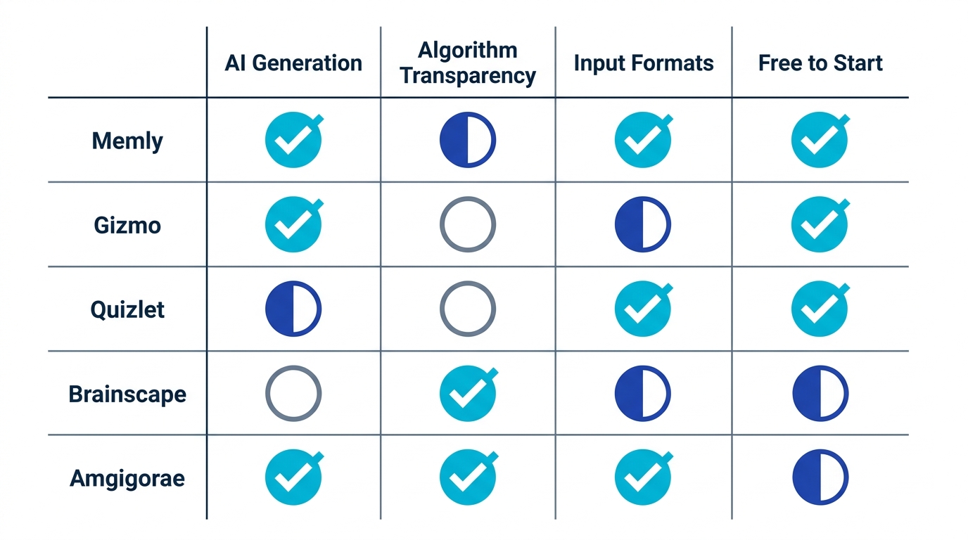 Feature comparison matrix of five Anki alternatives across AI generation, algorithm transparency, input formats, and pricing model