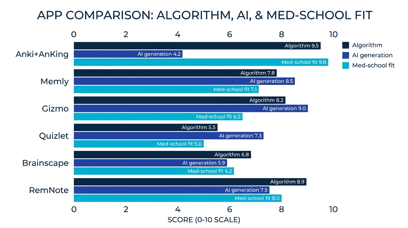 Comparison chart of six flashcard apps scored across algorithm, AI generation, and med-school fit