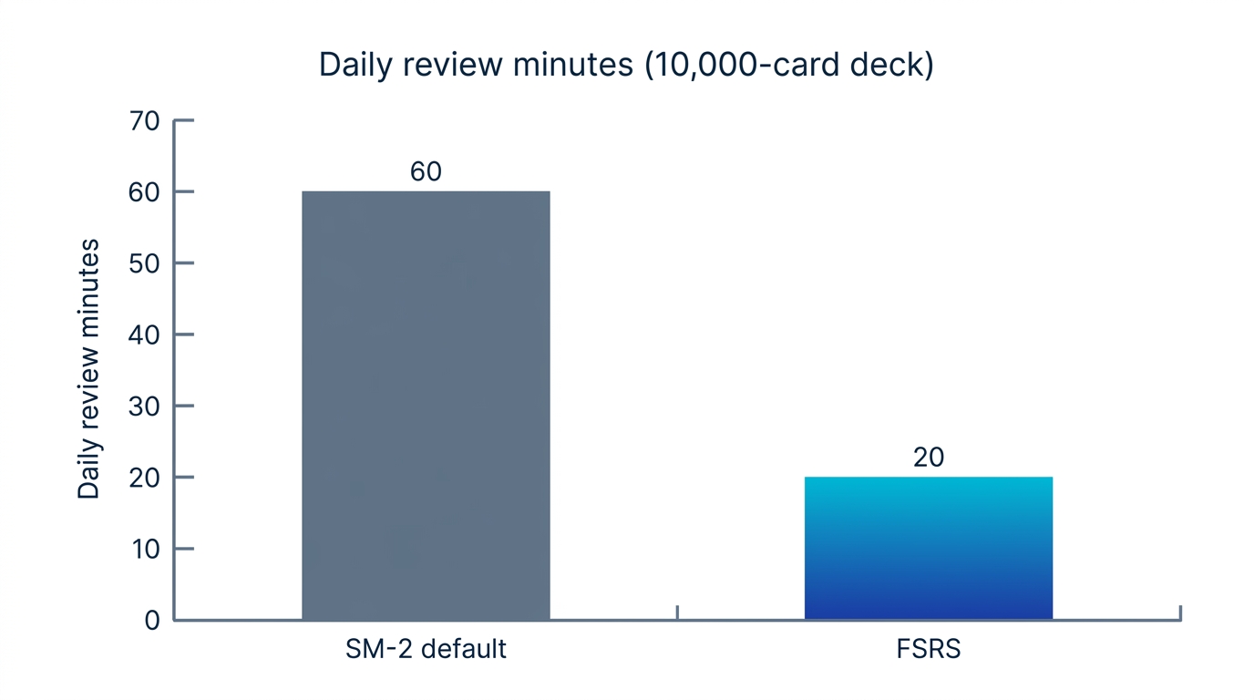 Illustrative daily review load for a large med school deck, showing roughly 20 to 30 percent fewer reviews under FSRS than under SM-2 for the same retention target