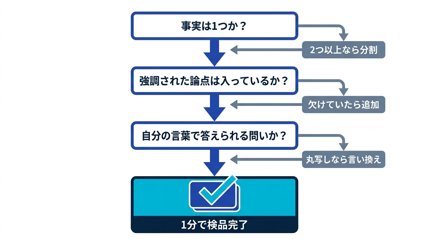 AI生成カードを1分で検品する3ポイント(事実の数、強調論点の欠け、問いの形)を示すチェックフロー図