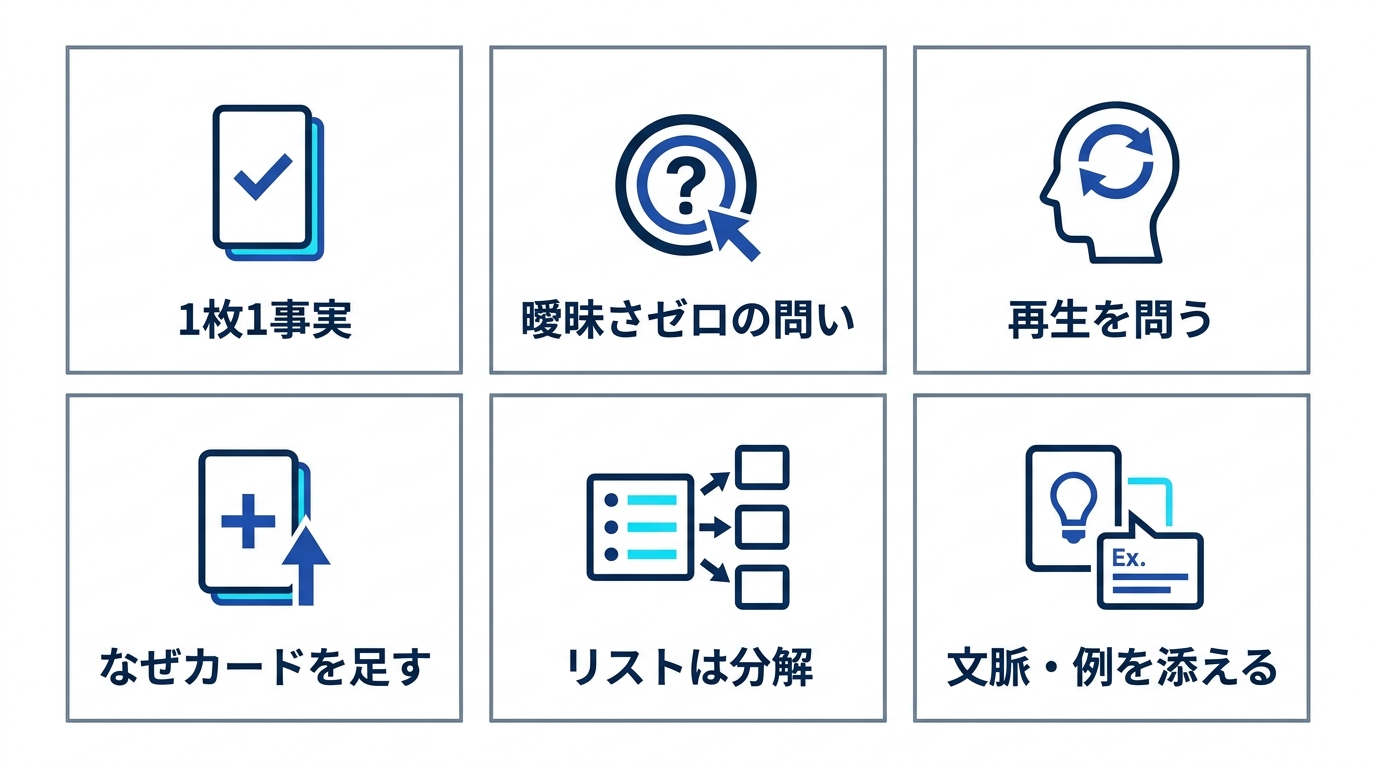 覚えられる暗記カードの6原則(1枚1事実、曖昧さゼロ、再生を問う、なぜカード、リスト分解、文脈追加)の一覧図