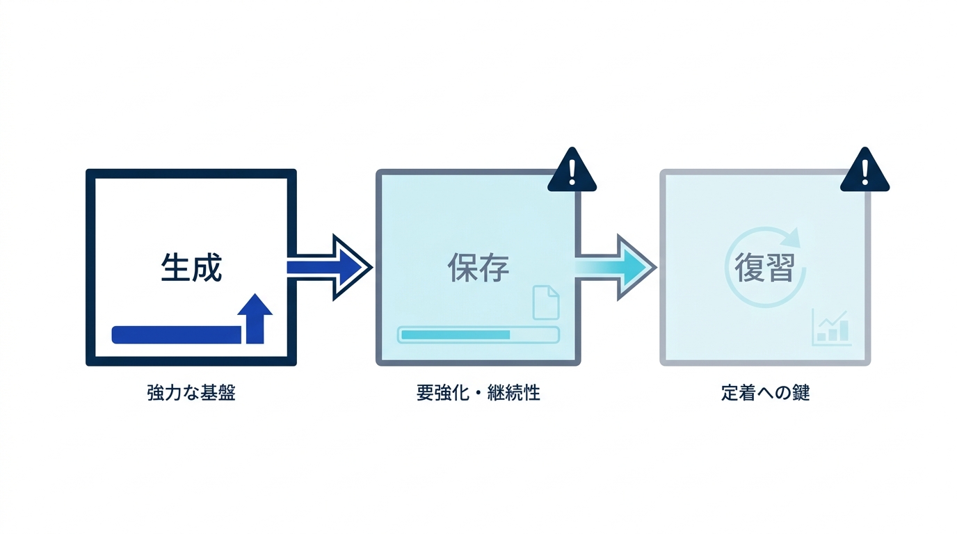 ChatGPT暗記カードの3段階(生成・保存・復習)で、生成は得意だが保存と復習は手作業や別ツールが必要なことを示した図