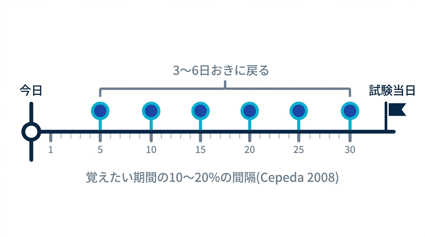 試験まで30日の場合、3から6日おきの復習間隔が効率的な範囲に入ることを示す図