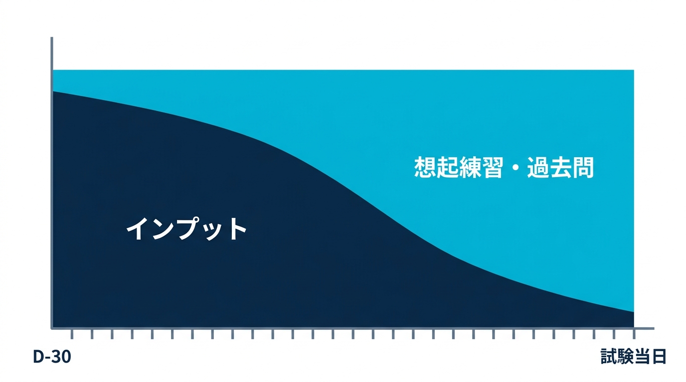 30日間でインプットの比率が減り、想起練習と過去問演習の比率が増えていく推移を示す面グラフ