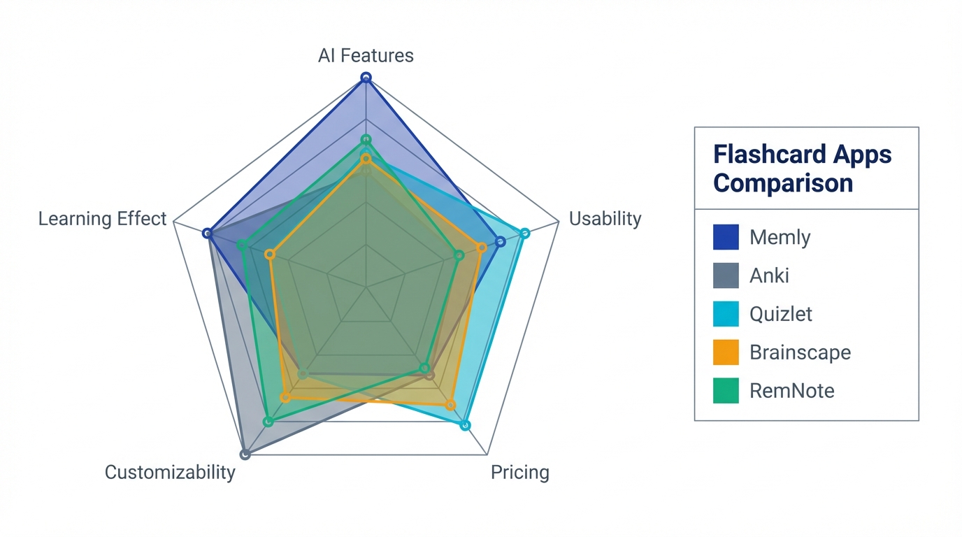 Radar chart comparing 5 AI flashcard apps across AI features, usability, pricing, customizability, and learning effectiveness