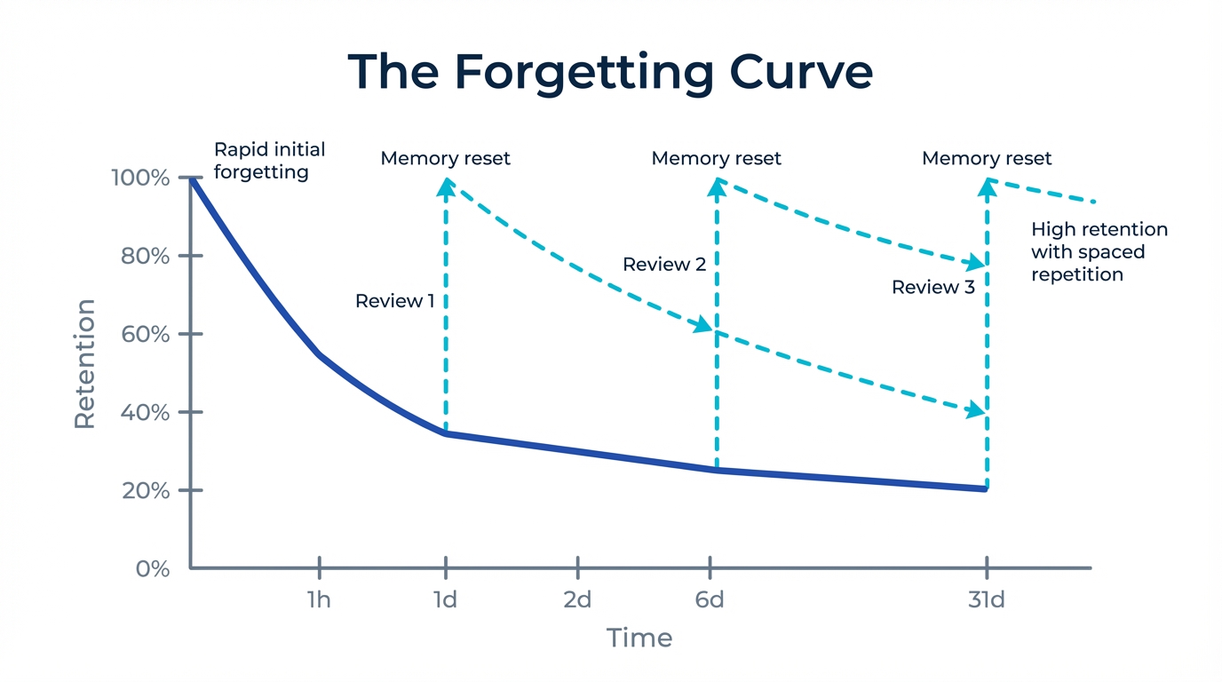 The Ebbinghaus Forgetting Curve showing memory retention decay over time