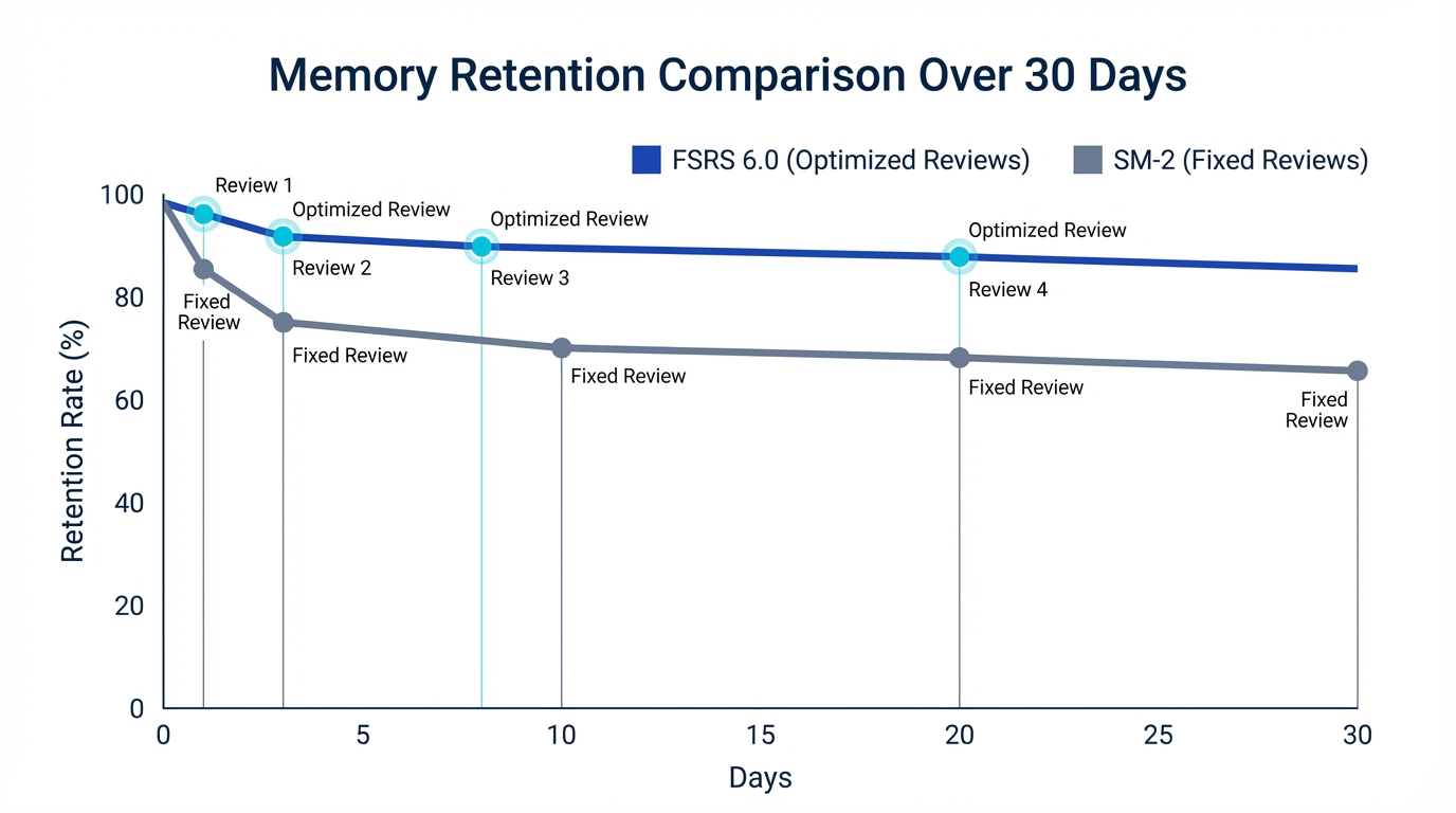 FSRS 6.0 vs SM-2 memory retention comparison - line graph comparing 30-day retention rates