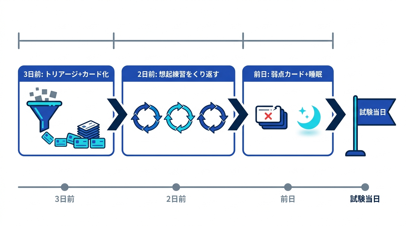 試験3日前からの逆算プラン。Day3はトリアージとカード化、Day2は想起練習、Day1は弱点カードと睡眠